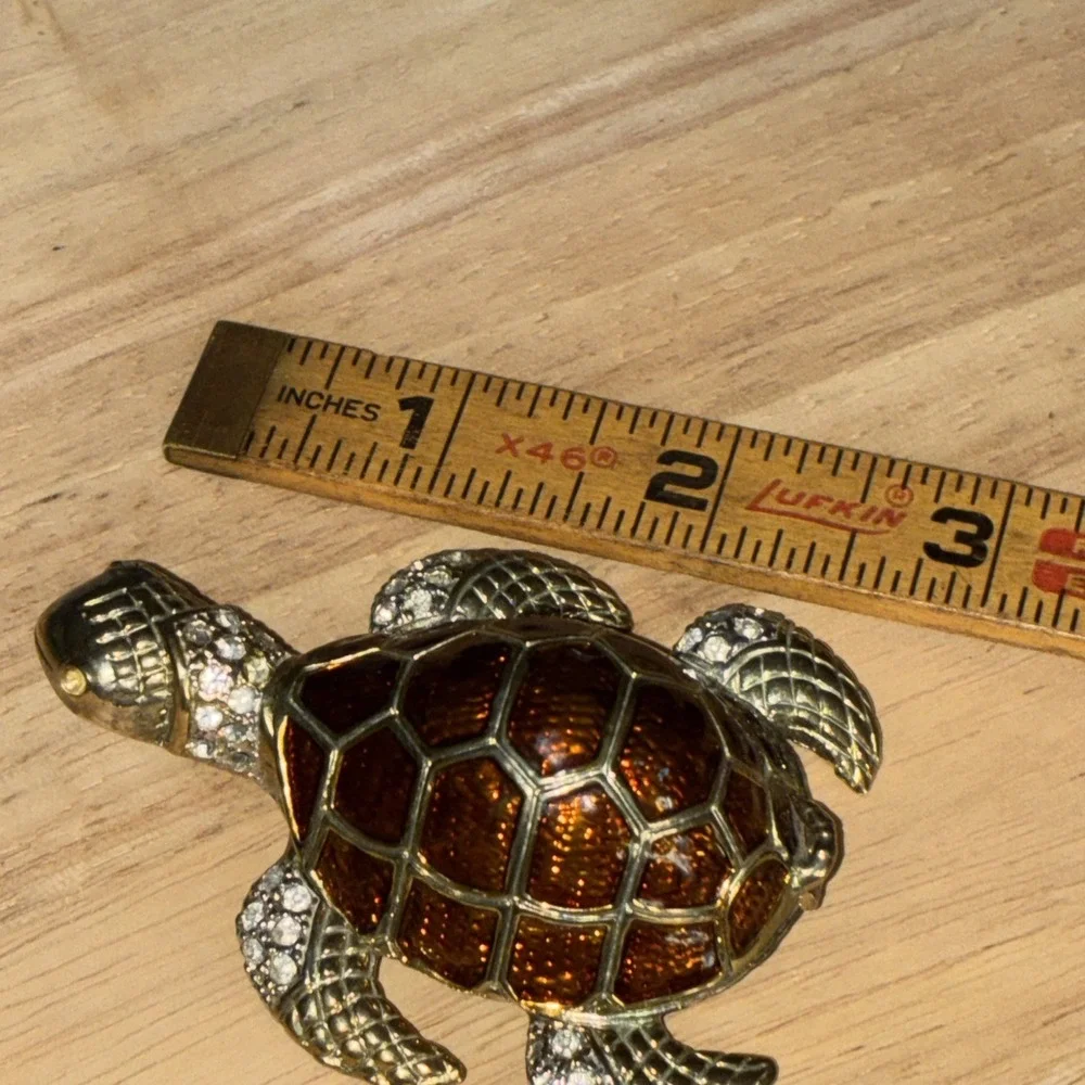 Brass Sea Turtle Trinket Box with Rhinestones Magnet Closure - Picture 4 of 12